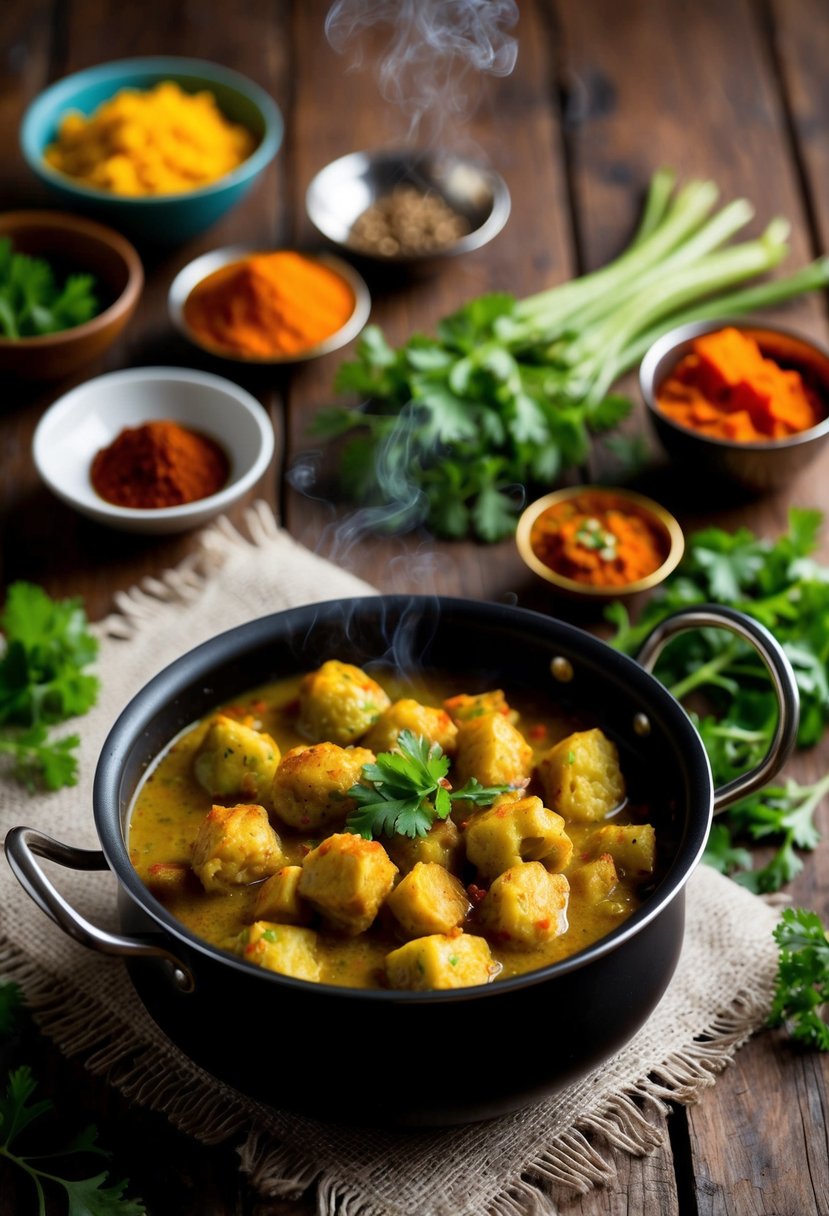 A steaming pot of Aloo Gobi sits on a rustic wooden table, surrounded by vibrant Indian spices and fresh vegetables