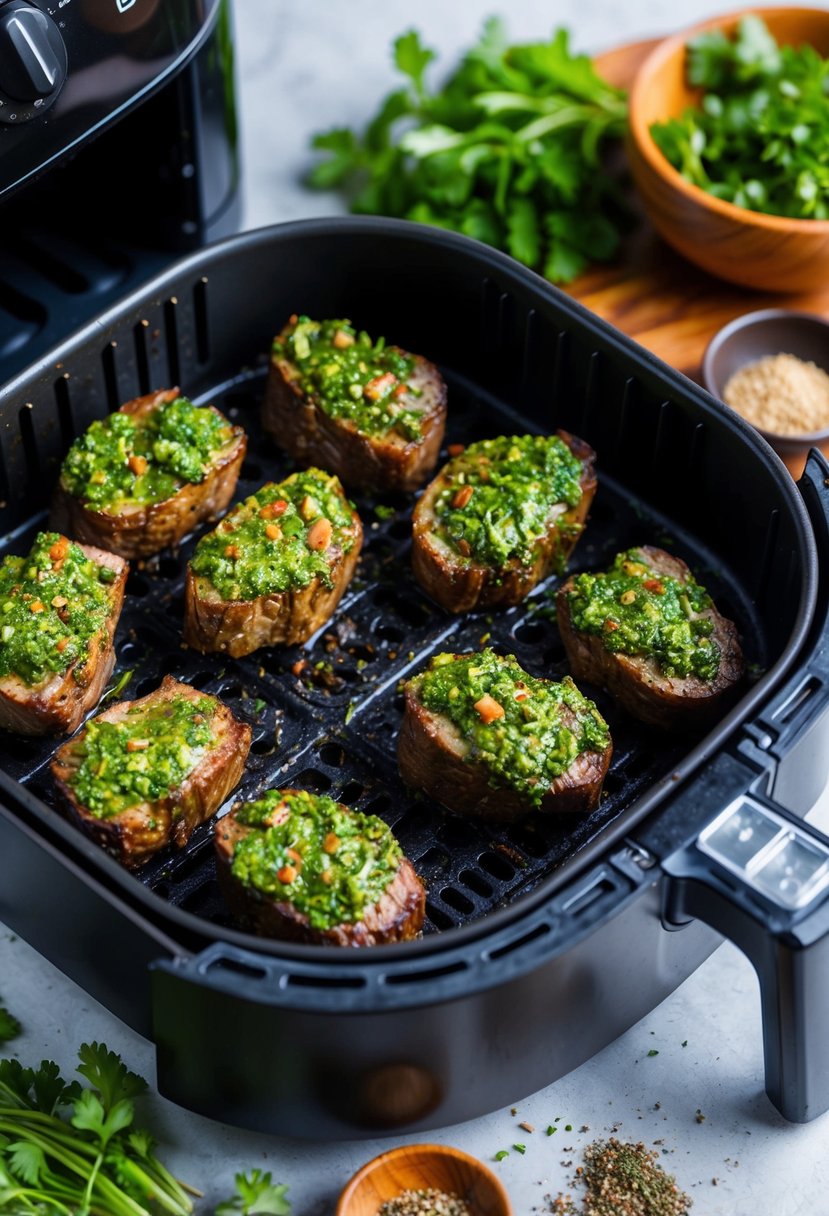 A sizzling plate of chimichurri steak bites cooking in an air fryer, surrounded by fresh herbs and spices