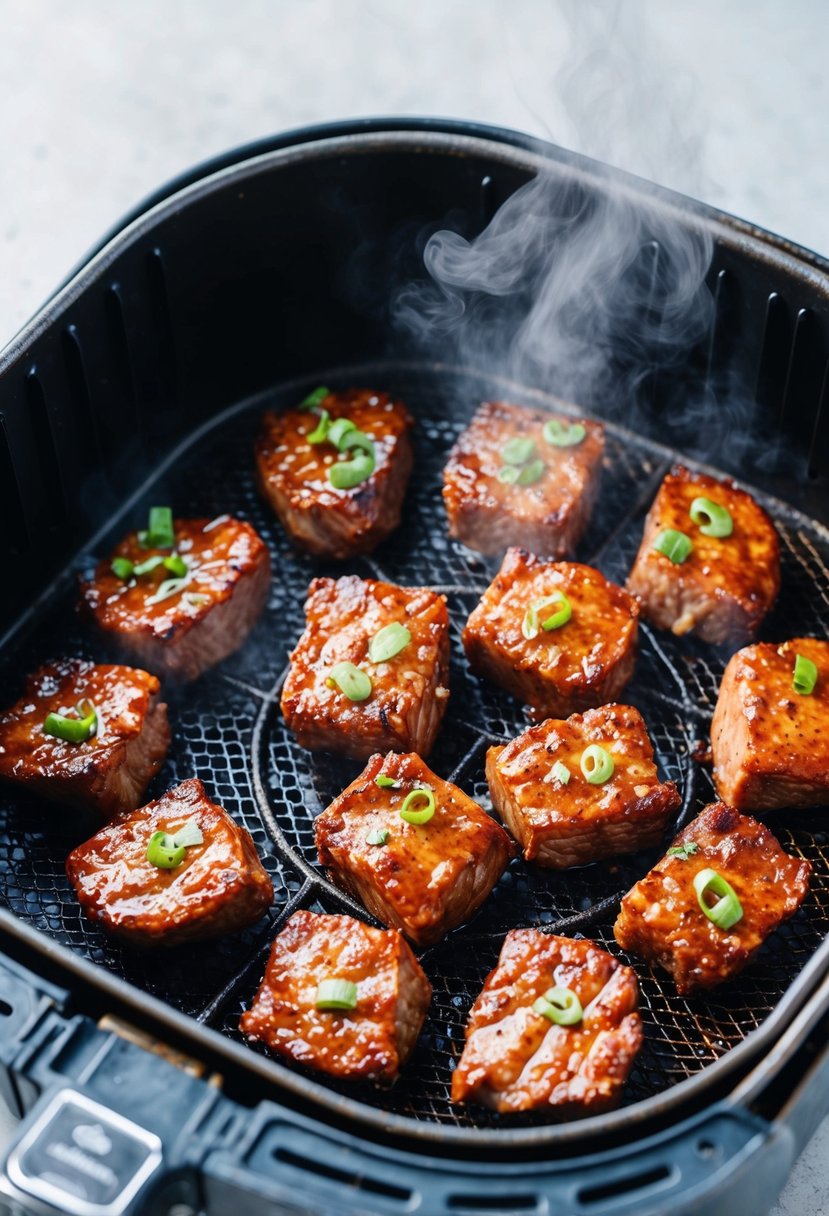 Juicy teriyaki steak bites sizzling in an air fryer basket, surrounded by a cloud of steam