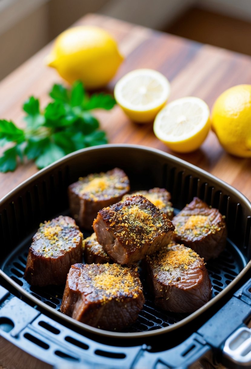 Juicy steak bites coated in zesty lemon pepper seasoning sizzling in the air fryer