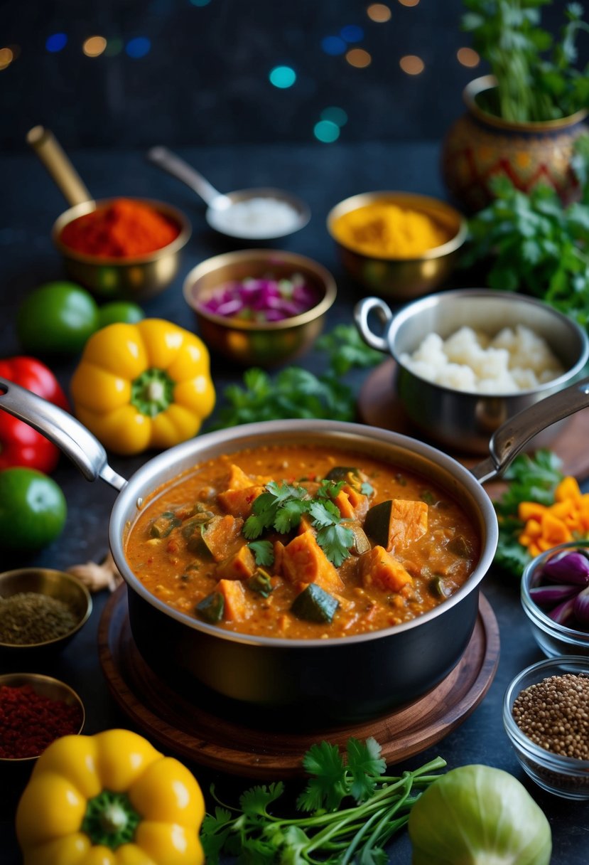 A traditional Indian kitchen with a pot of simmering baingan bharta, surrounded by colorful spices and fresh vegetables