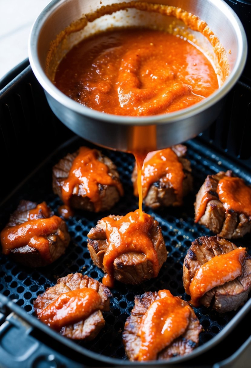 Sizzling steak bites coated in spicy Sriracha sauce cooking in an air fryer