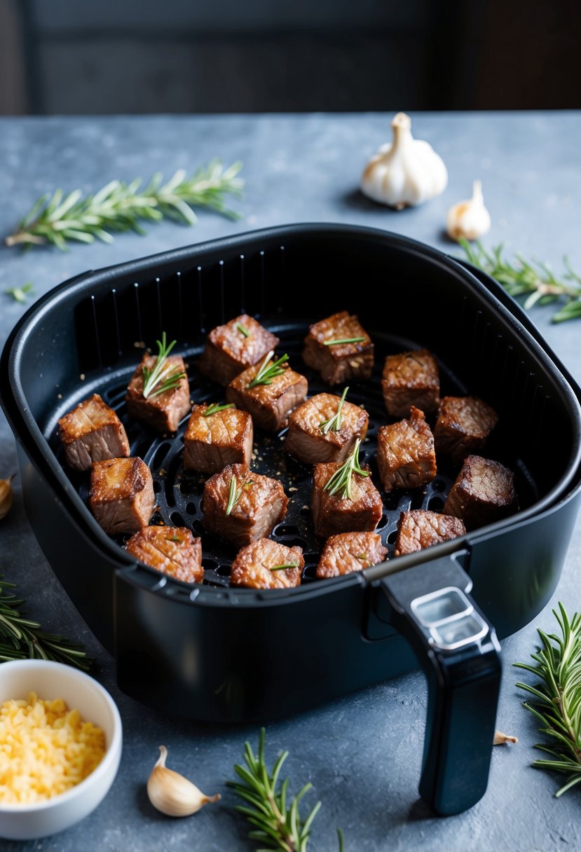 A sizzling skillet of steak bites sizzling in an air fryer, surrounded by sprigs of rosemary and cloves of garlic