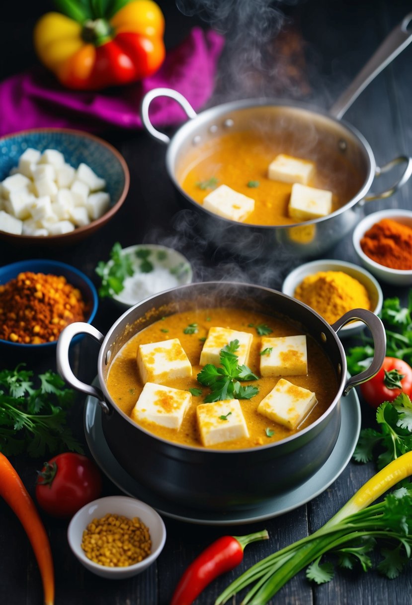 A steaming pot of butter masala paneer surrounded by vibrant Indian spices and fresh vegetables