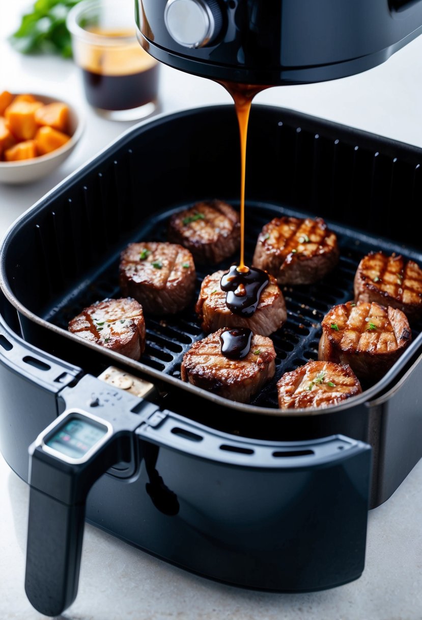 Sizzling steak bites being cooked in an air fryer, drizzled with balsamic glaze