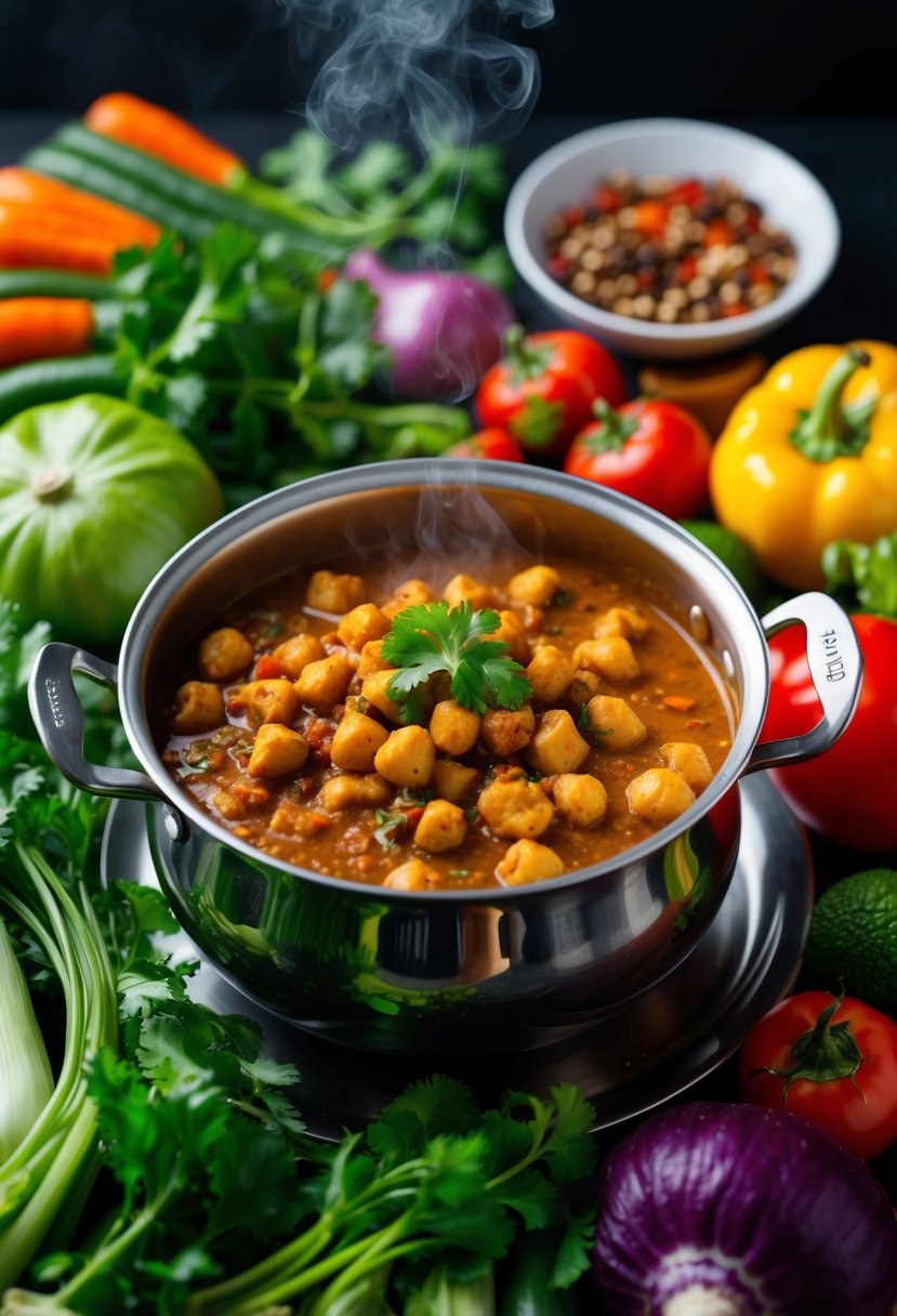 A steaming pot of chana masala surrounded by vibrant, assorted Indian vegetables and aromatic spices