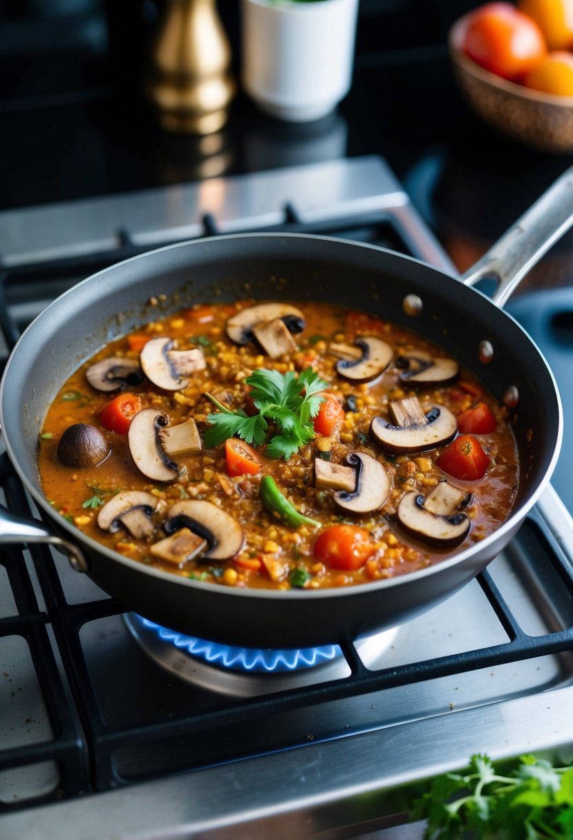 A sizzling kadai filled with aromatic mushrooms, tomatoes, and spices, simmering on a stovetop