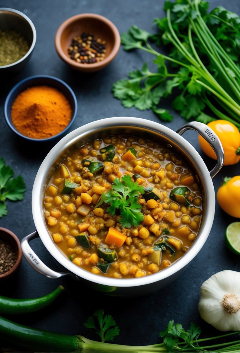 A pot of simmering masoor dal surrounded by aromatic spices and fresh vegetables