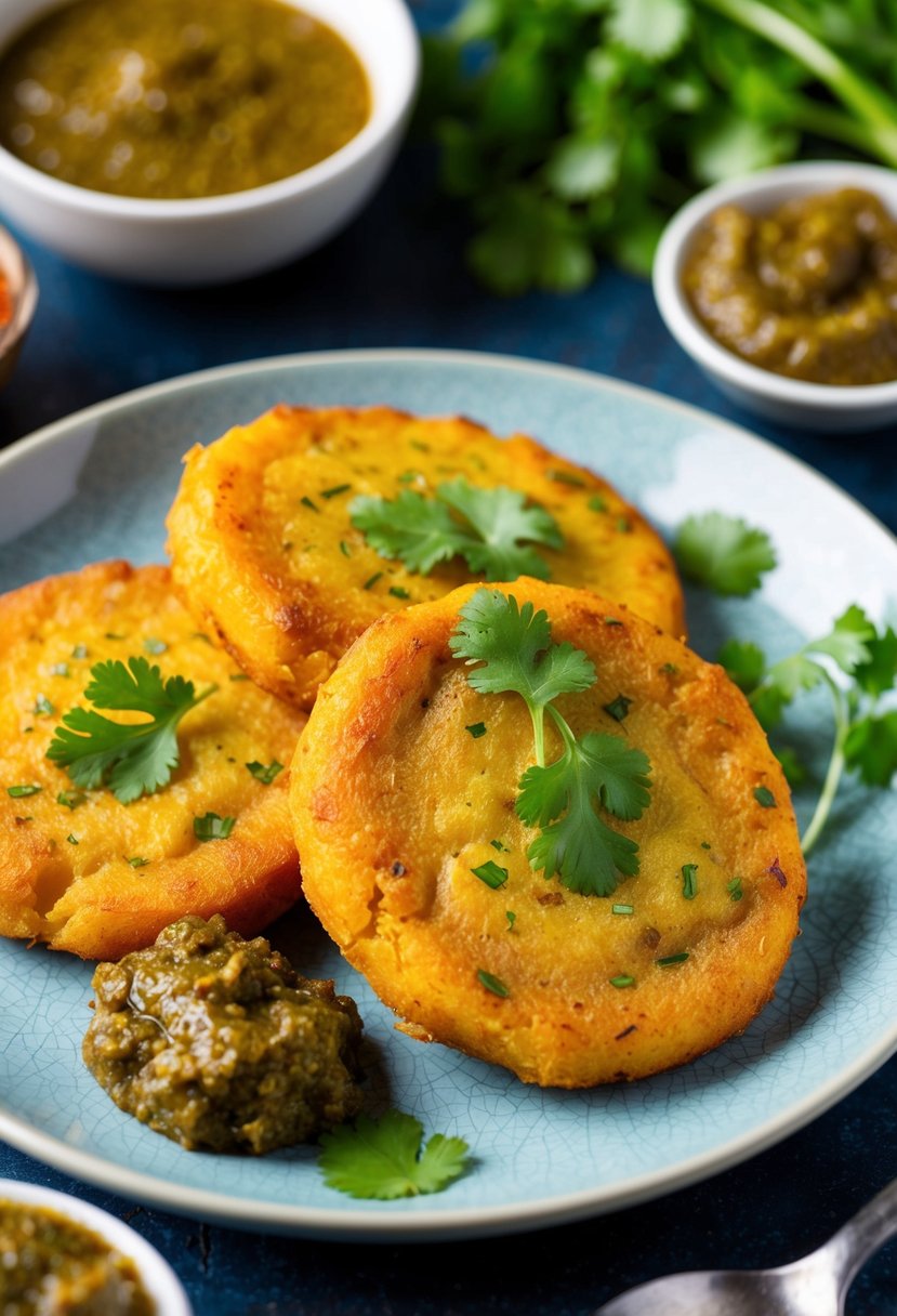 A plate of golden brown aloo tikki, accompanied by vibrant chutneys and garnished with fresh coriander leaves