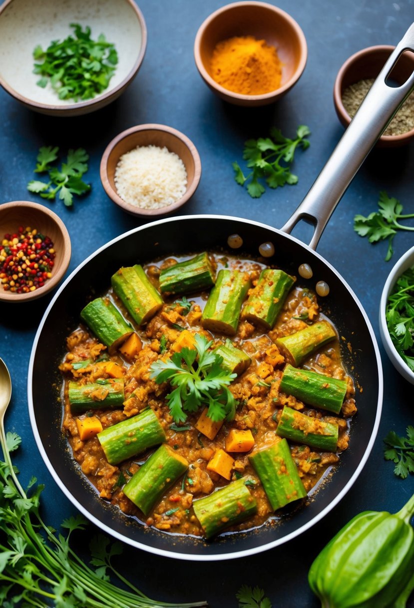 A sizzling pan of bhindi masala surrounded by colorful spices and herbs