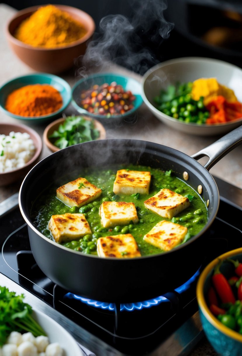 A steaming pot of aromatic matar paneer simmering on a stove, surrounded by an array of colorful spices and fresh vegetables