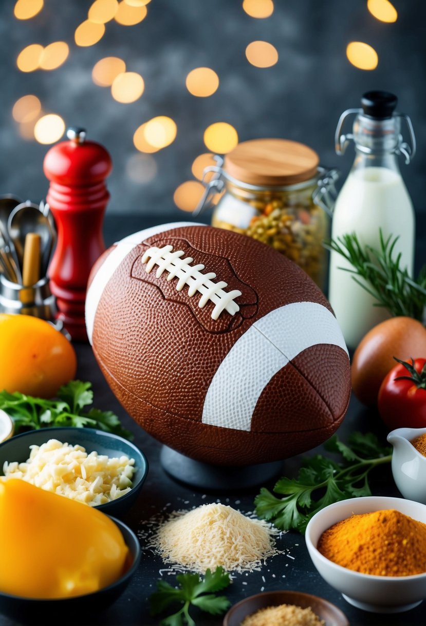 A football-shaped chicken surrounded by various ingredients and cooking utensils