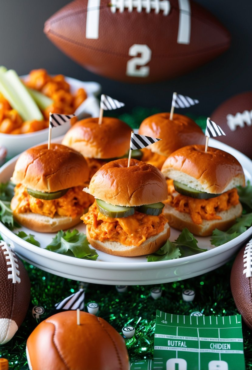 A platter of buffalo chicken sliders surrounded by football-themed decor