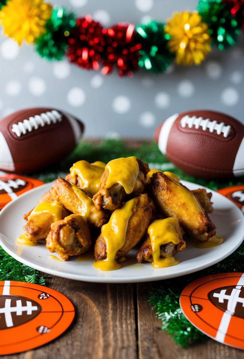 A plate of honey mustard chicken wings surrounded by football-themed decorations