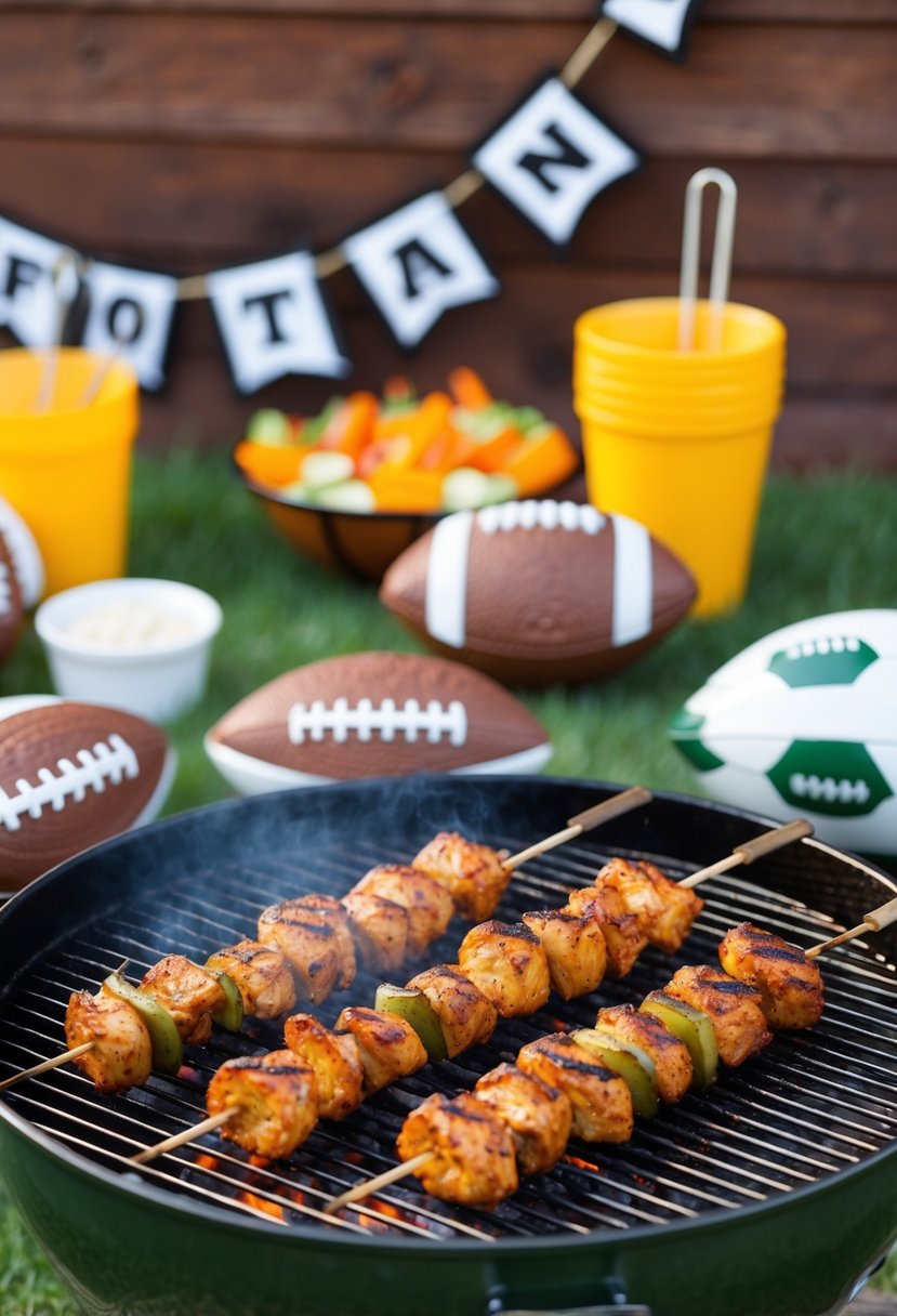 A sizzling BBQ grill with skewers of spicy chicken, surrounded by football-themed decor and ingredients