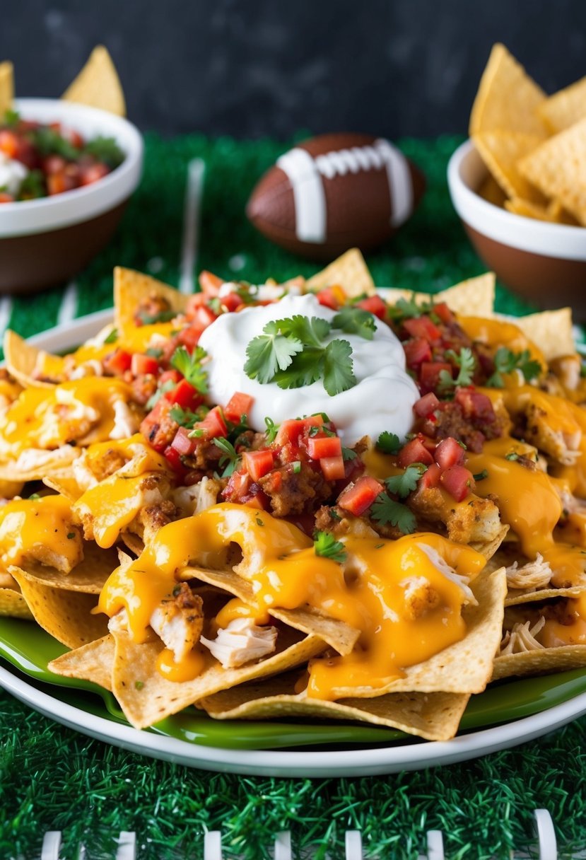 A platter of loaded nachos topped with melted cheese, seasoned chicken, and fresh salsa, surrounded by football-themed decor