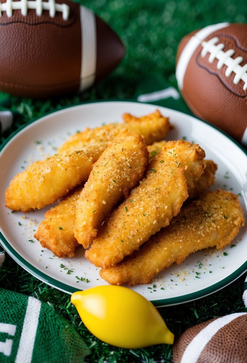 A plate of golden-brown chicken tenders sprinkled with lemon pepper seasoning, surrounded by football-themed decor