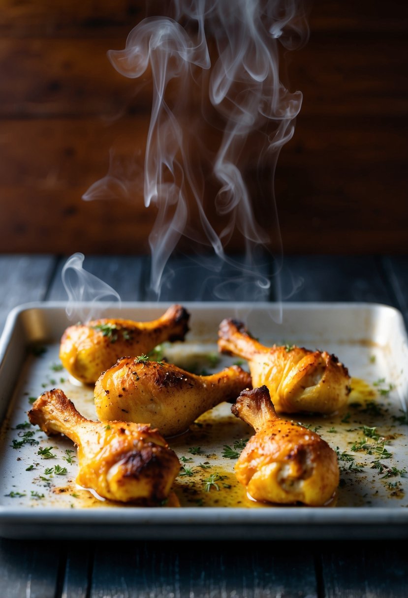 Golden drumsticks on a baking tray with a sprinkle of herbs and spices. Steam rising, crispy skin, ready to serve