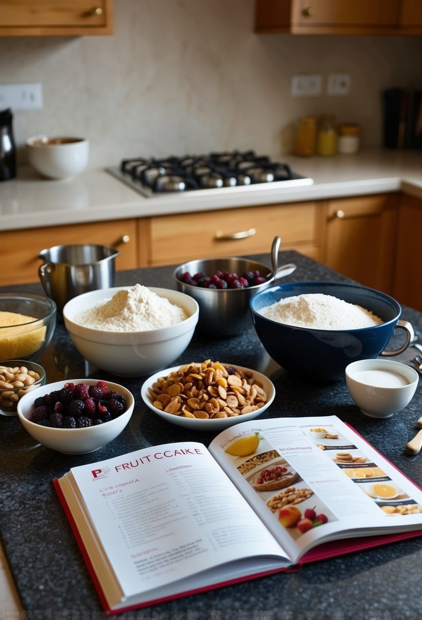 A kitchen counter with ingredients and utensils for making fruitcake. Mixing bowl, dried fruits, nuts, flour, sugar, and a recipe book open to a fruitcake page