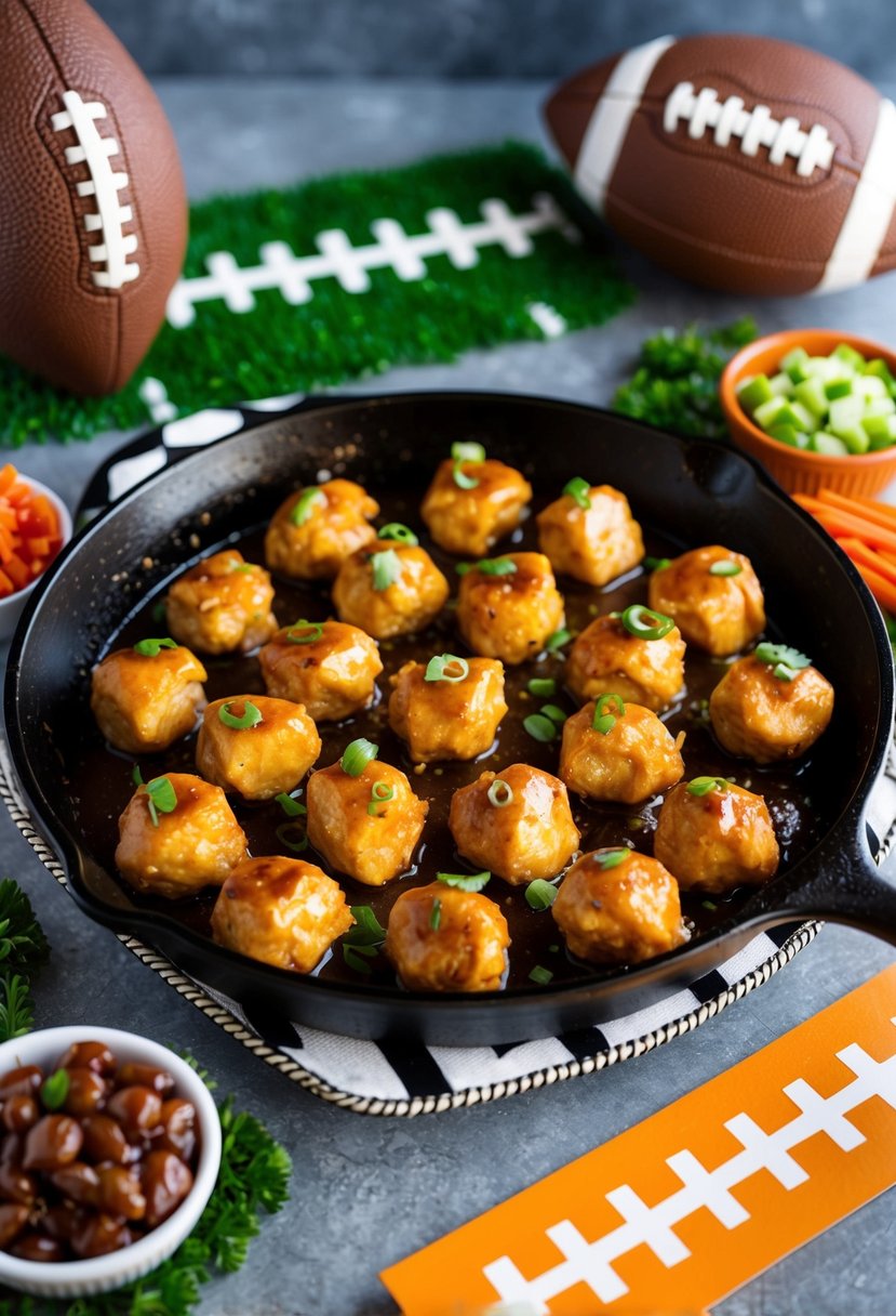 A sizzling skillet of teriyaki chicken bites surrounded by football-themed decor and ingredients