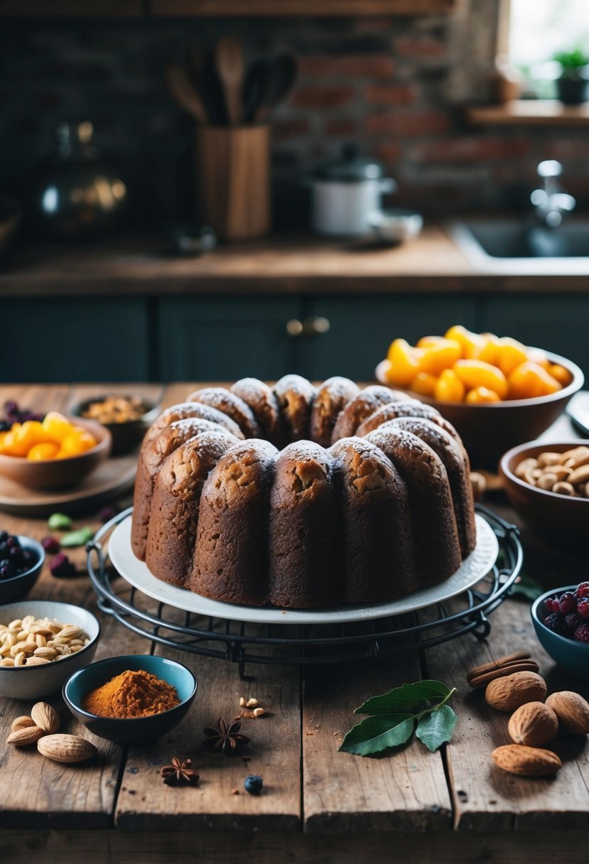 A rustic kitchen table with a freshly baked fruitcake, surrounded by ingredients like dried fruits, nuts, and spices