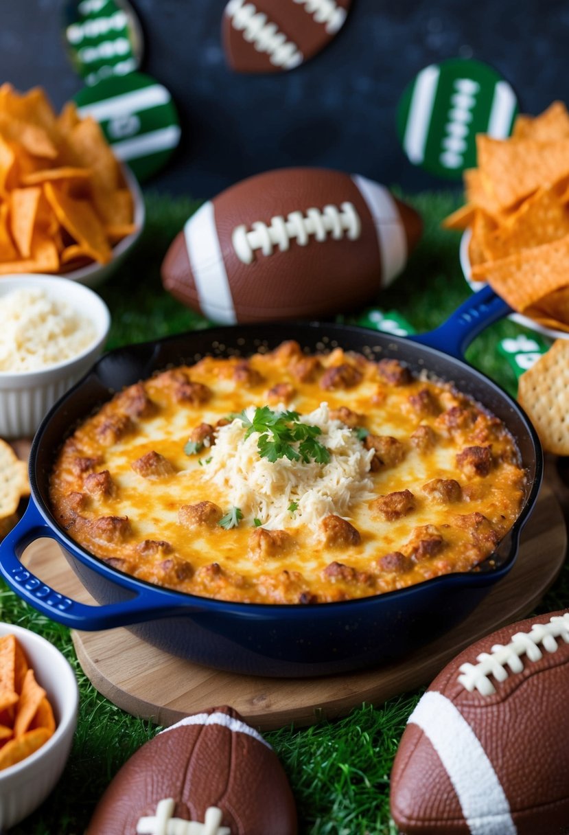 A bubbling skillet of garlic parmesan chicken dip surrounded by football-themed decorations