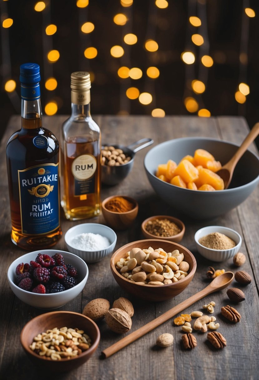 A table set with ingredients for spiced rum fruitcake: rum, dried fruits, nuts, spices, and a mixing bowl with a wooden spoon