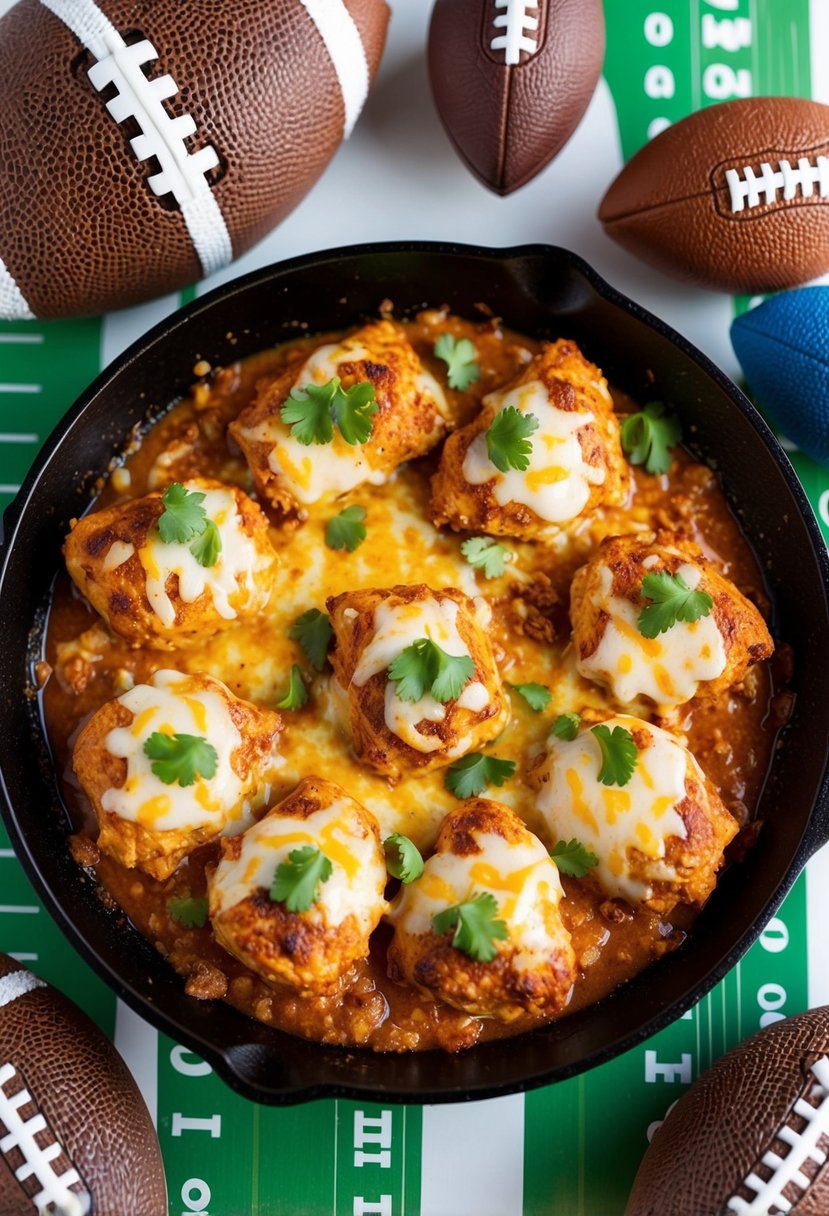 A sizzling skillet of chipotle-seasoned chicken and melted cheese, surrounded by colorful football-themed decor