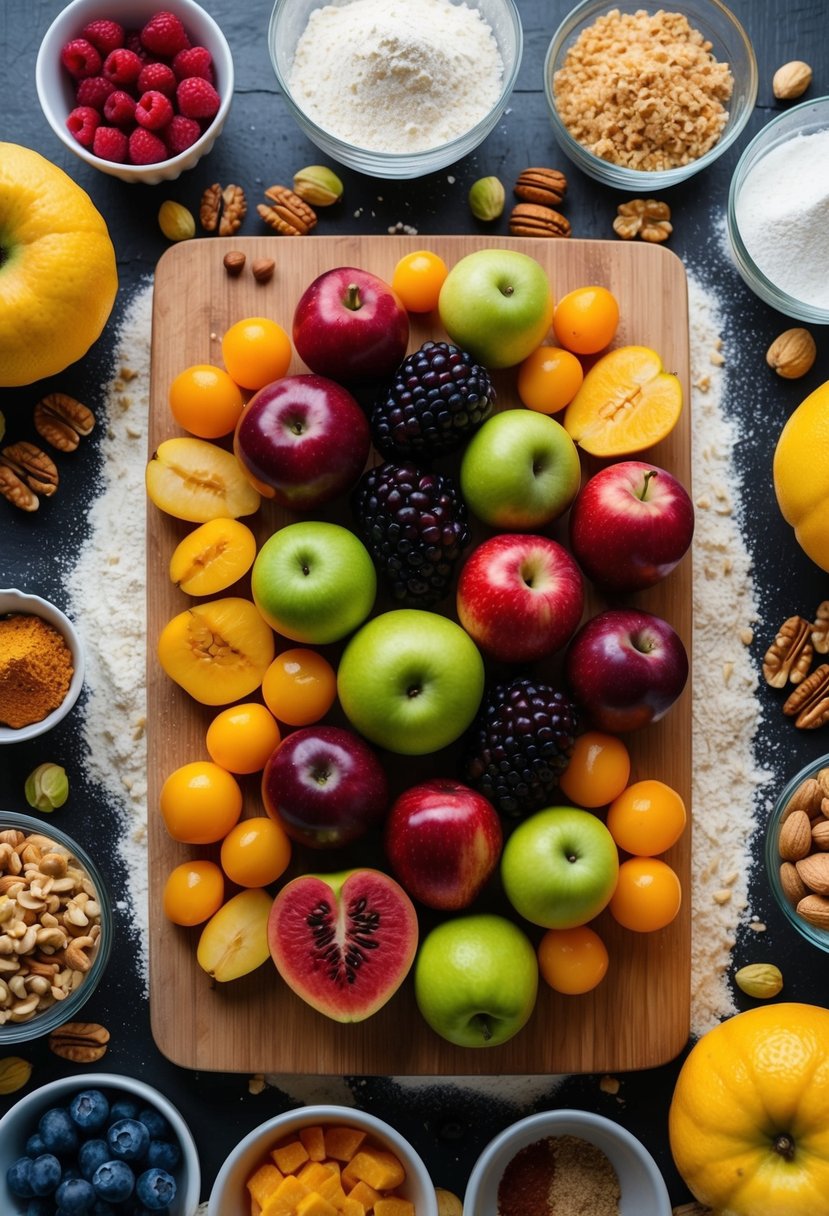 A colorful array of fresh fruits and nuts arranged on a wooden cutting board, surrounded by a mix of flour, sugar, and spices