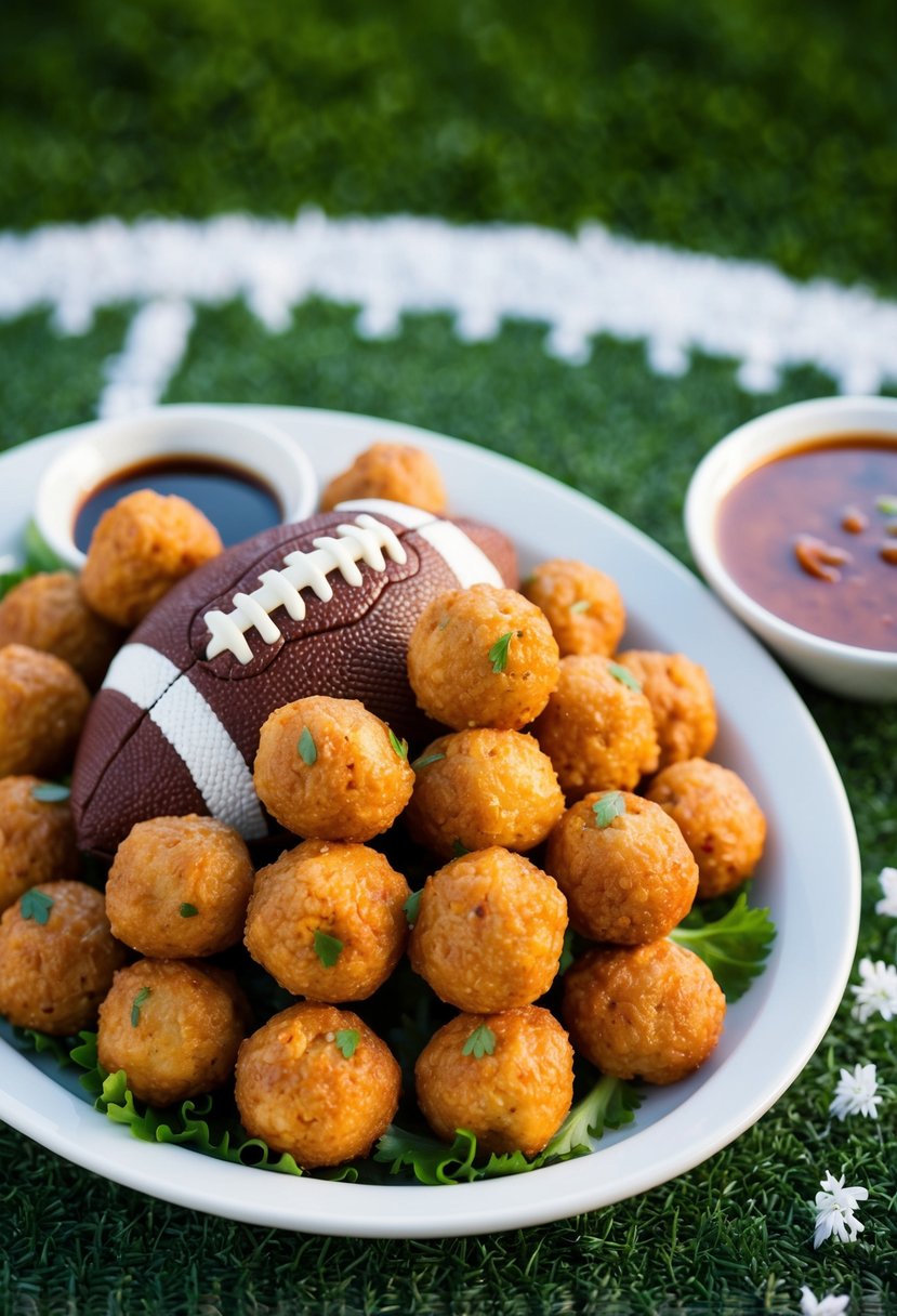 A platter of sweet and sour chicken meatballs arranged in a football shape, with a side of dipping sauce