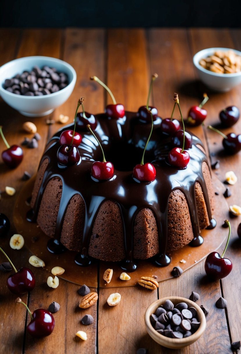 A wooden table with a freshly baked chocolate cherry fruitcake surrounded by scattered ingredients like cherries, nuts, and chocolate chips