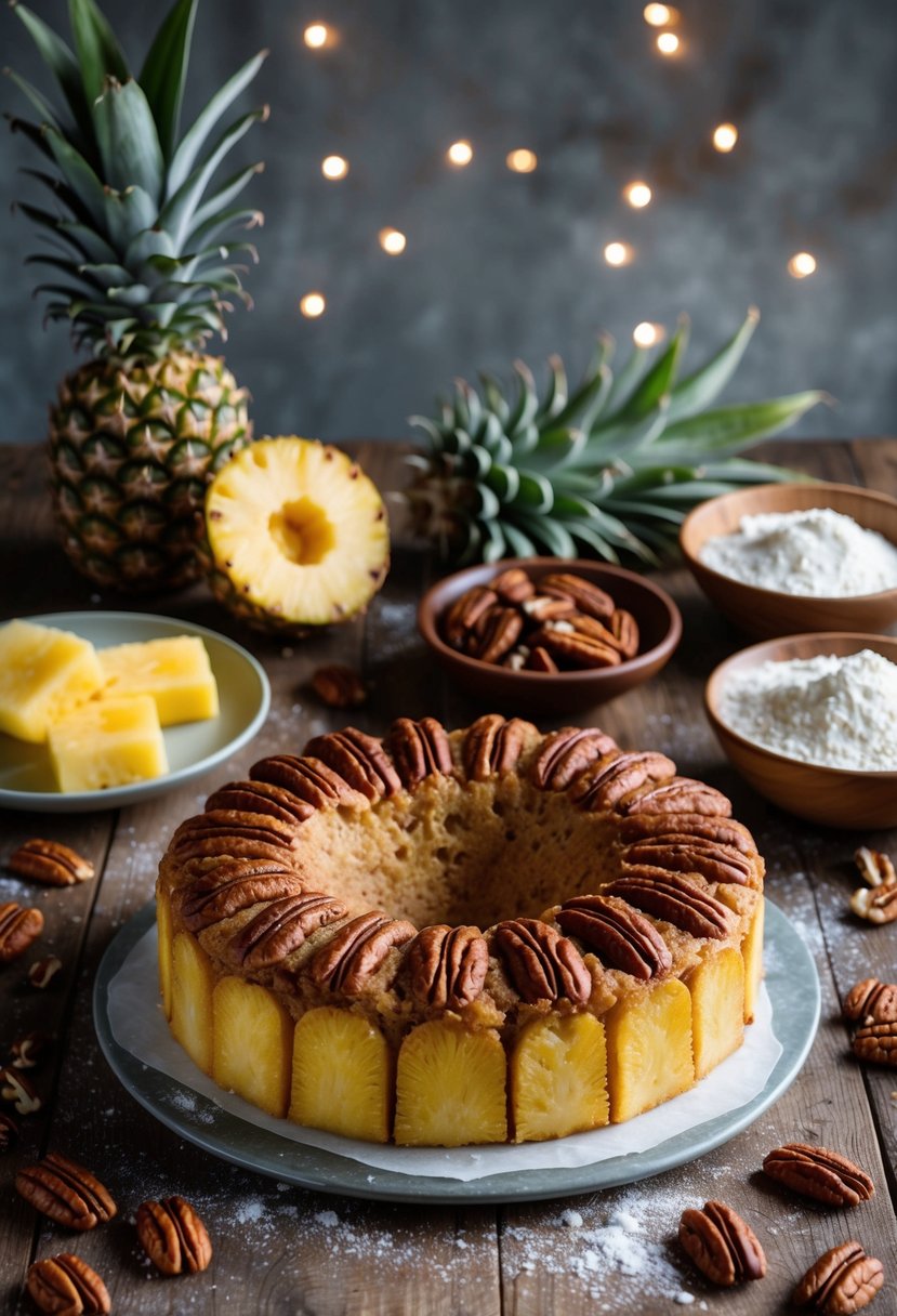 A rustic kitchen table with a freshly baked pineapple pecan fruitcake surrounded by ingredients like pecans, pineapple, and flour