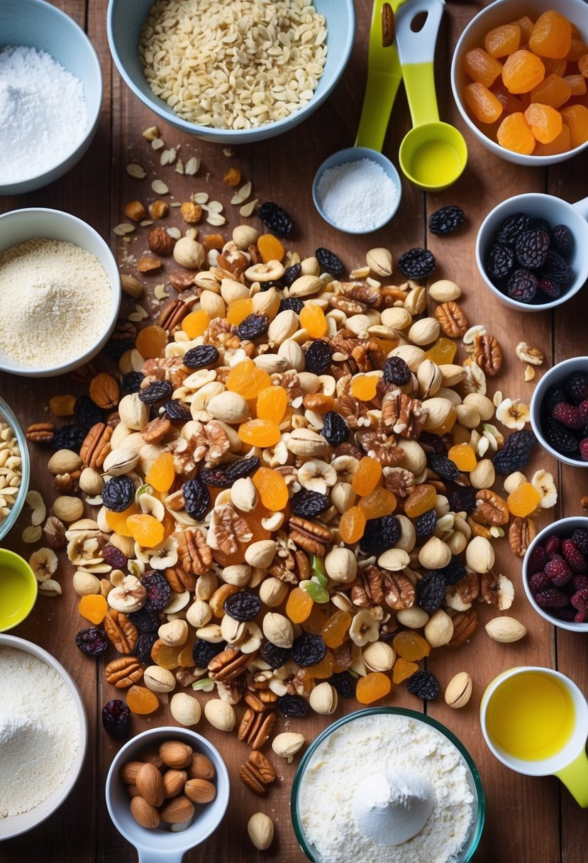 A colorful array of nuts, dried fruits, and gluten-free flours scattered on a wooden table, surrounded by mixing bowls and measuring cups