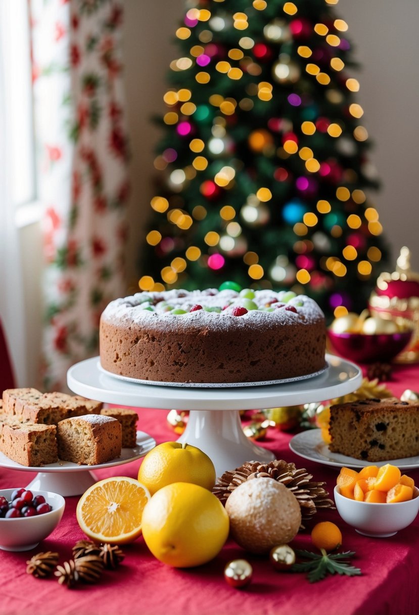 A festive table with a variety of fruitcake ingredients, including gingerbread, panettone, and assorted fruits