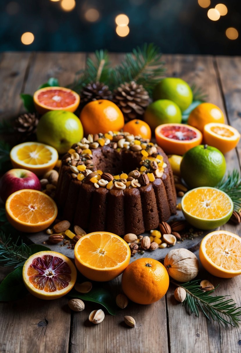 A colorful array of citrus fruits, nuts, and spices arranged around a freshly baked fruitcake on a rustic wooden table