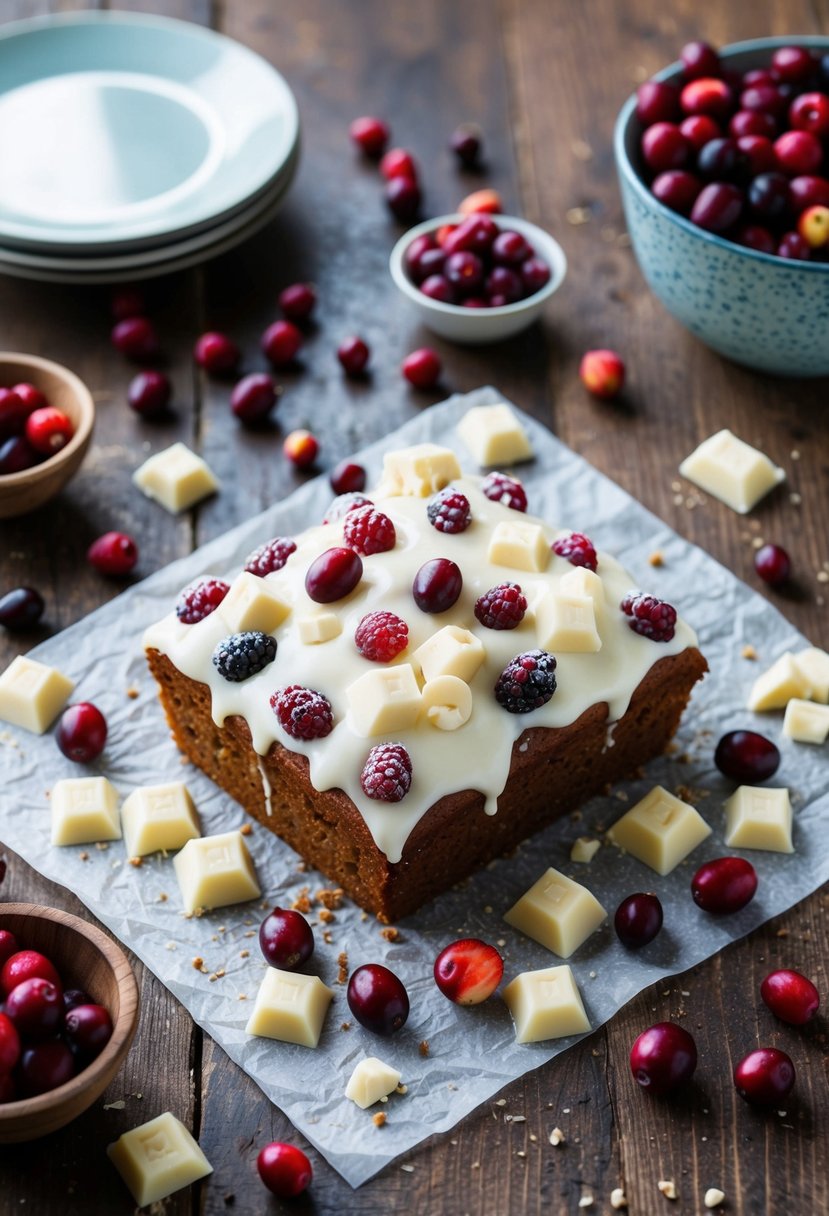 A rustic kitchen table with a freshly baked white chocolate cranberry fruitcake surrounded by scattered ingredients like cranberries and white chocolate chunks