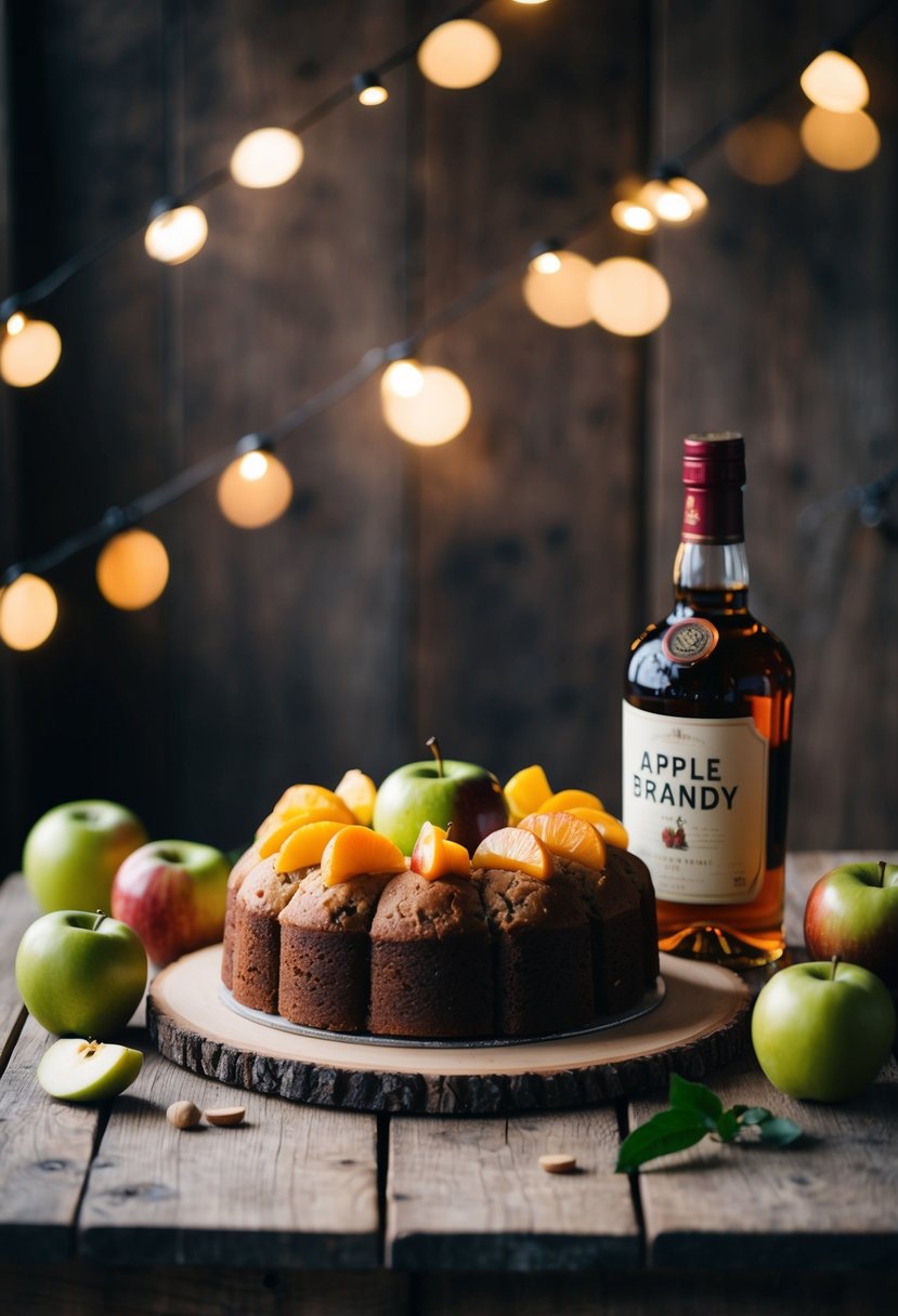 A rustic wooden table adorned with a homemade apple brandy fruitcake surrounded by fresh fruits and a bottle of brandy