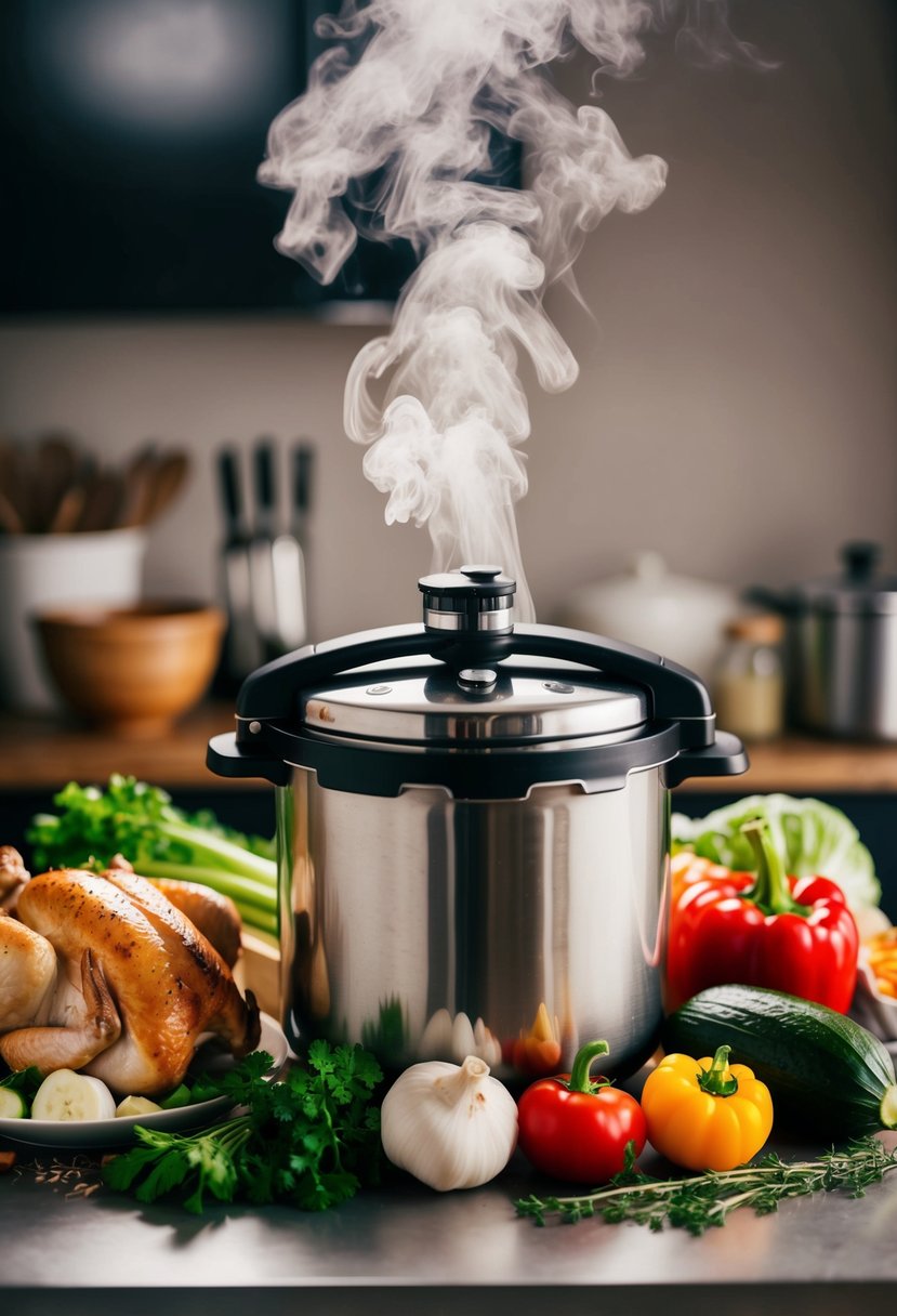 A pressure cooker surrounded by fresh ingredients like chicken, vegetables, and herbs, with steam rising from the pot