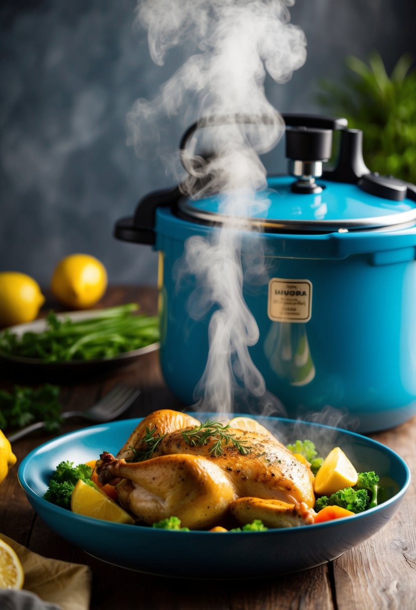 A pressure cooker releasing steam above a sizzling lemon herb chicken on a bed of fresh vegetables