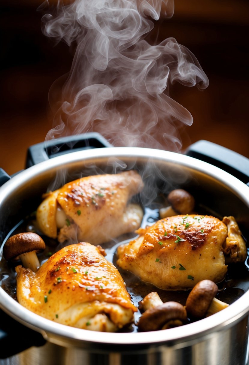 Sizzling chicken and mushrooms in a steaming pressure cooker