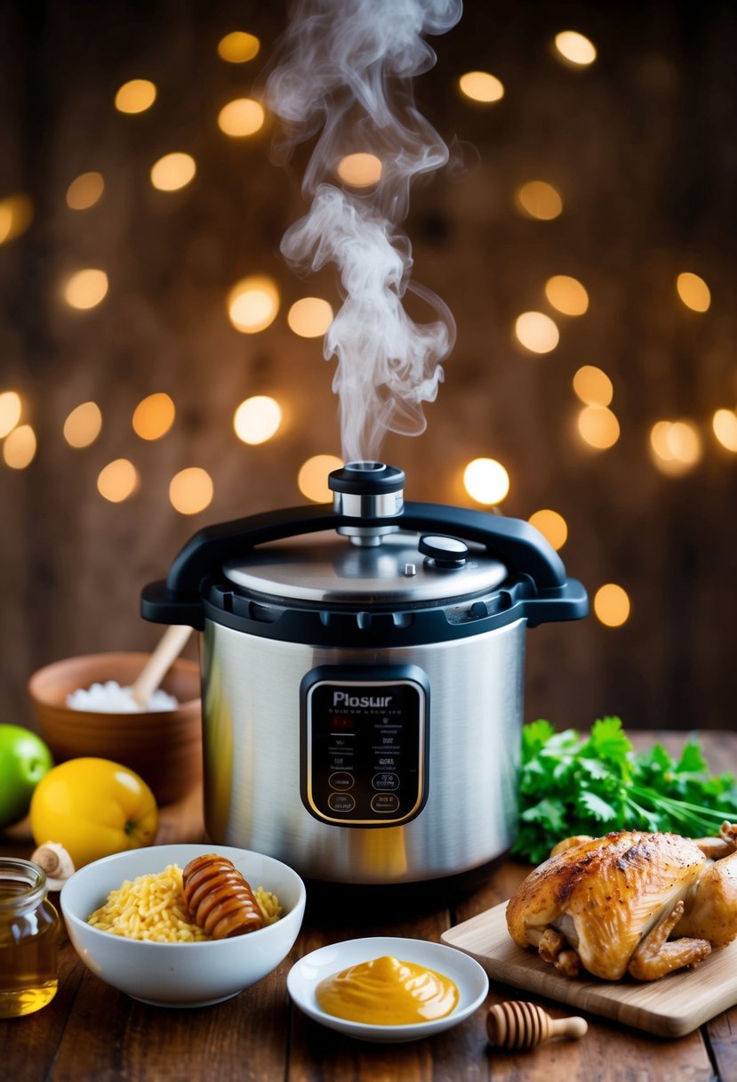 A pressure cooker surrounded by fresh ingredients like chicken, honey, and mustard, with steam rising from the pot