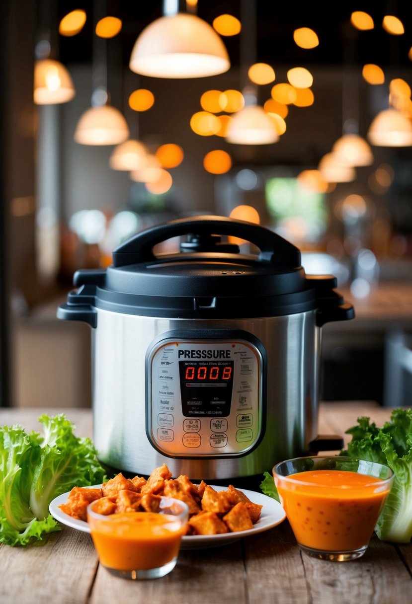 A pressure cooker surrounded by fresh lettuce, diced chicken, and spicy buffalo sauce