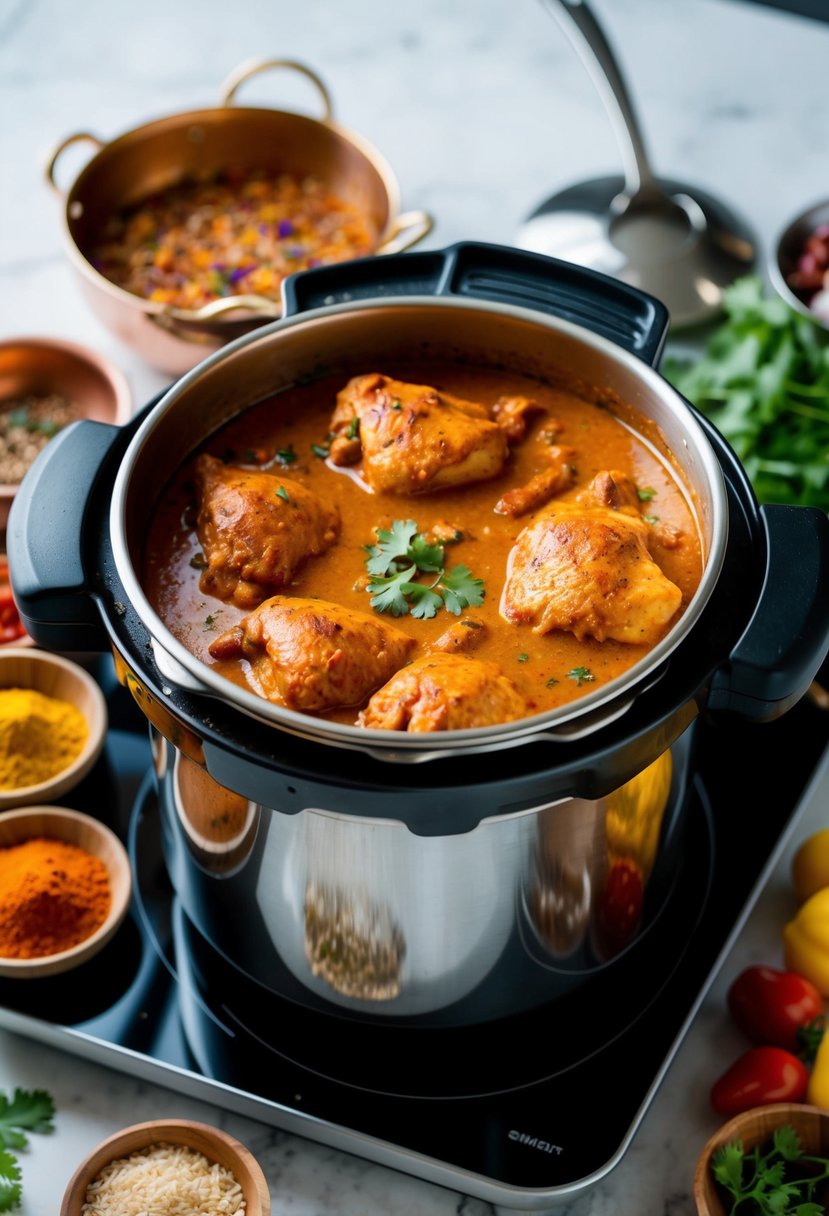 A pressure cooker filled with aromatic Chicken Tikka Masala simmering on a stove, surrounded by colorful spices and fresh ingredients