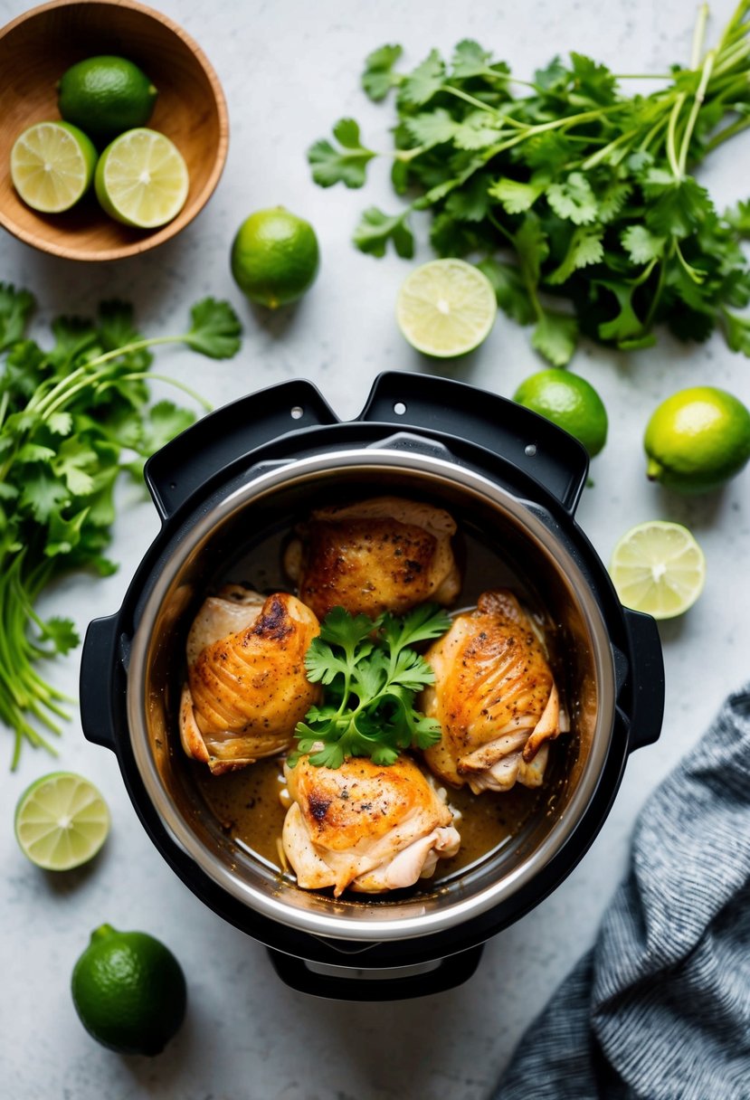 A pressure cooker surrounded by fresh cilantro, limes, and chicken thighs