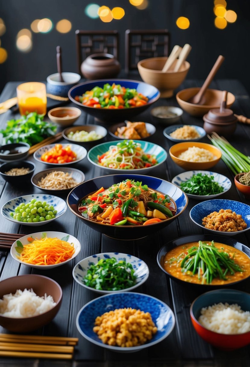 A festive table set with colorful, healthy Chinese dishes, surrounded by fresh ingredients and traditional cooking utensils