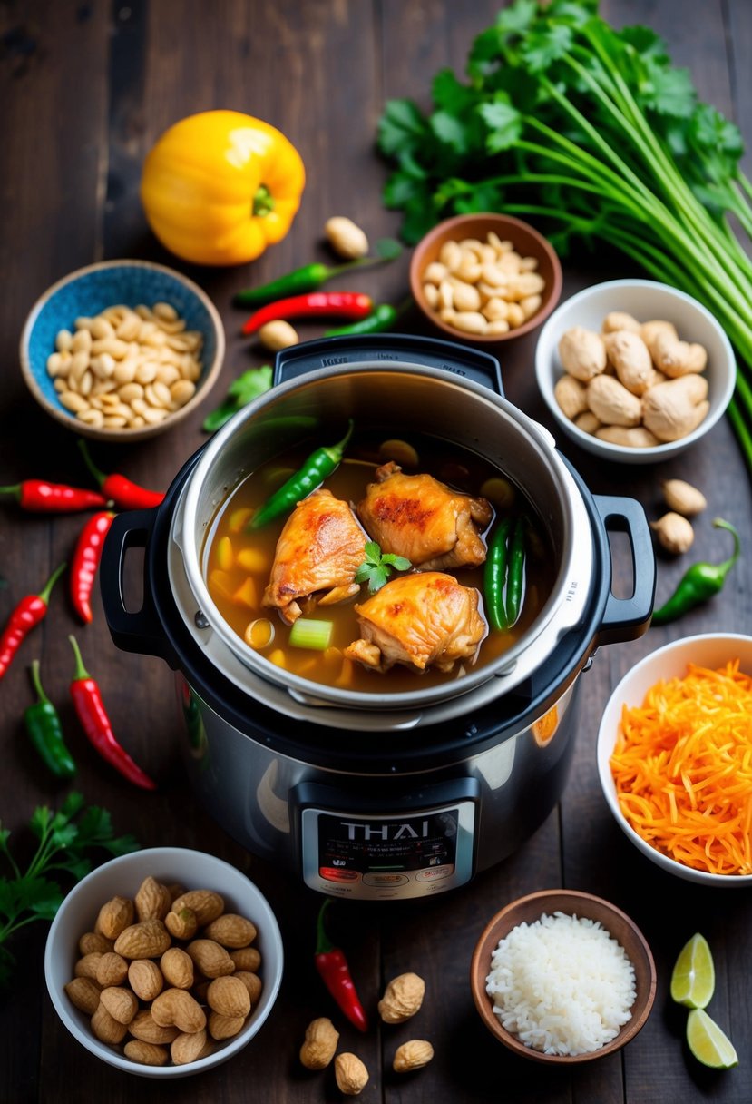 A pressure cooker surrounded by vibrant Thai ingredients, including peanuts, chili peppers, and fresh chicken