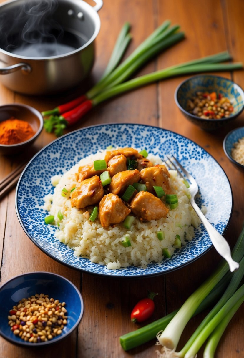 A steaming plate of Kung Pao Chicken with cauliflower rice, surrounded by colorful vegetables and traditional Chinese spices