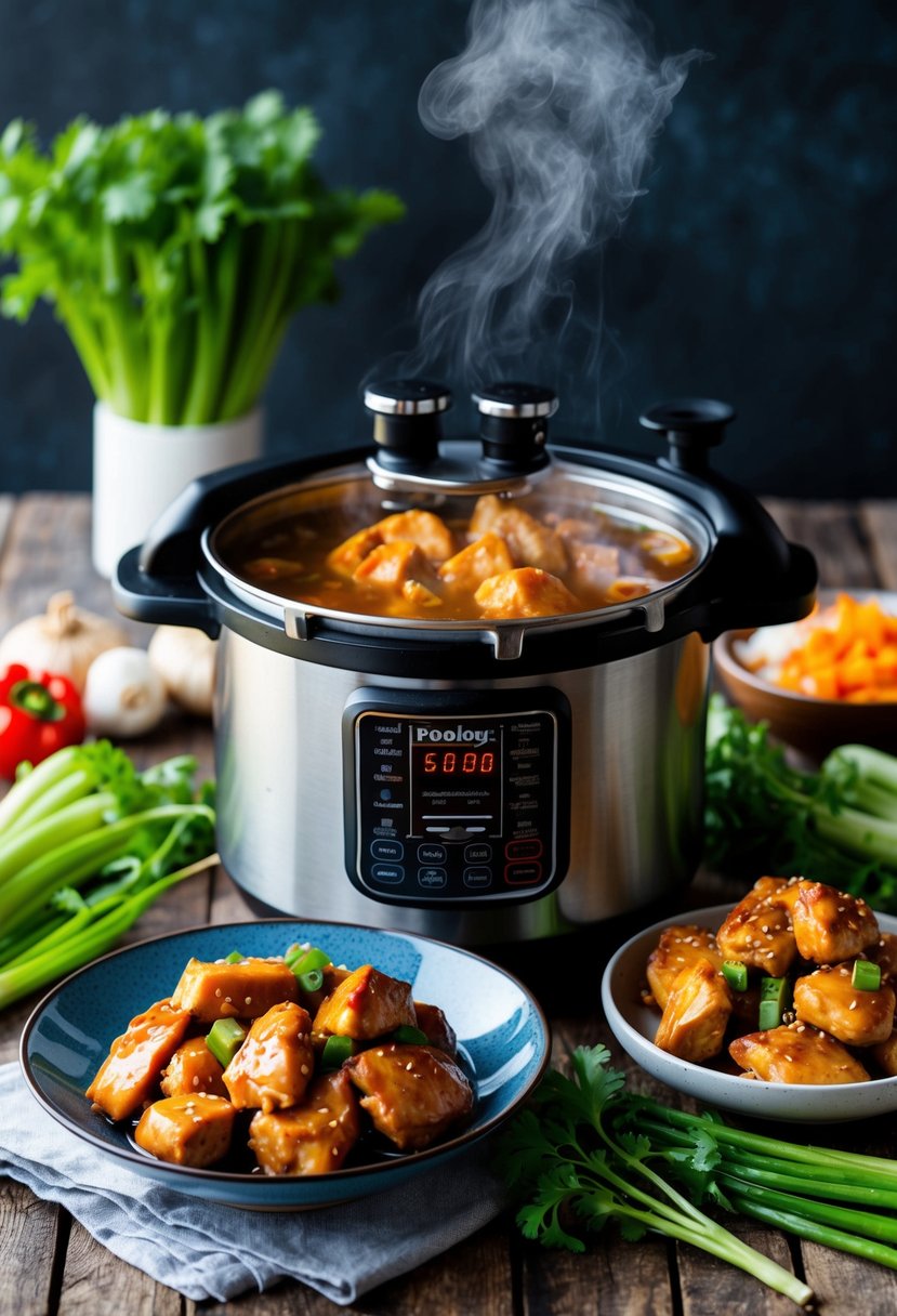 A pressure cooker surrounded by fresh vegetables and marinated chicken, with a bowl of steaming teriyaki chicken ready to be served