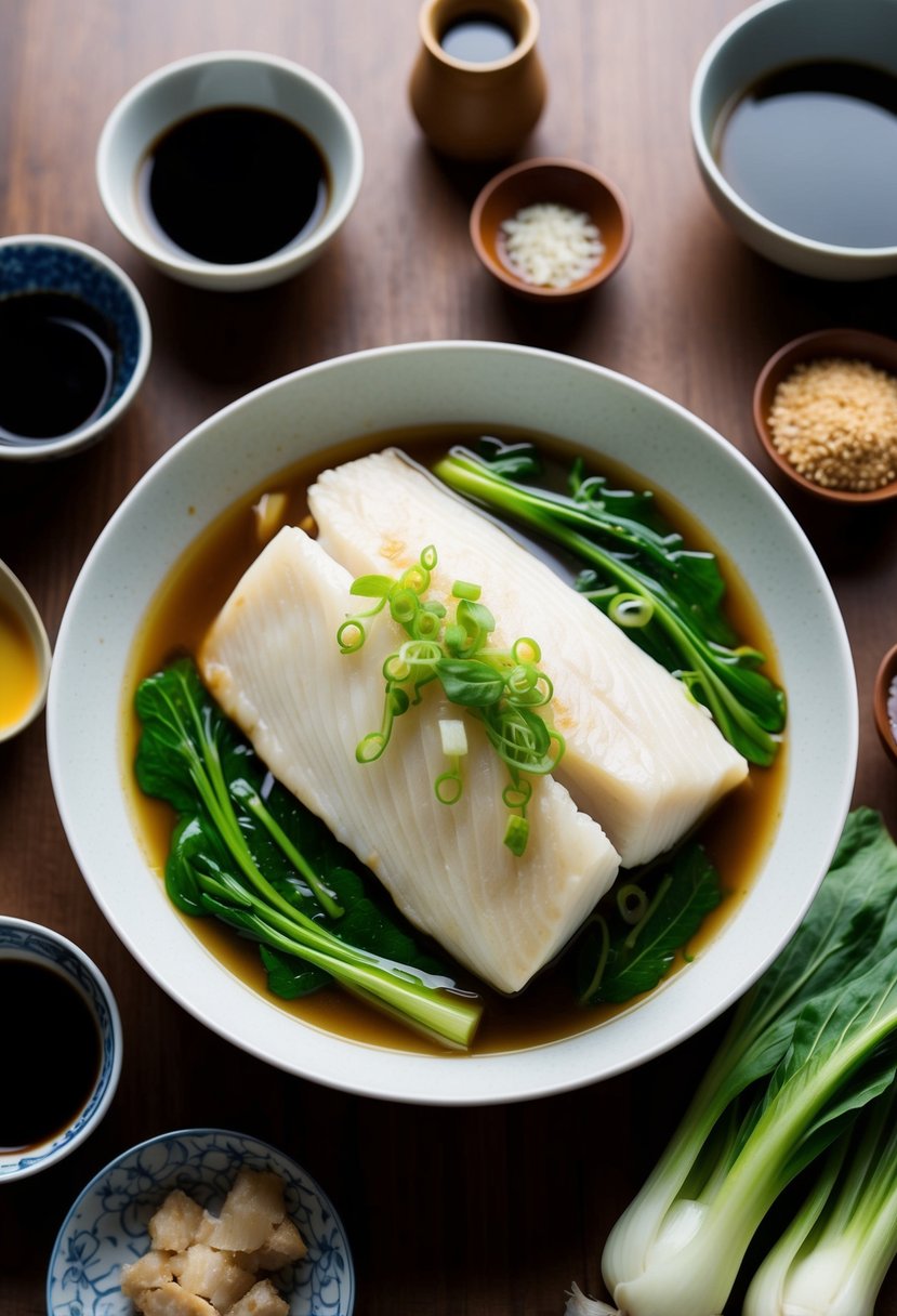 A steamed cod dish with ginger and scallions, surrounded by traditional Chinese ingredients like soy sauce, sesame oil, and bok choy