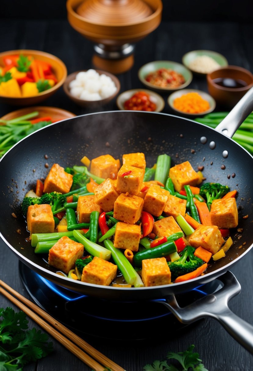 A sizzling wok filled with vibrant vegetables and cubes of spicy Szechuan tofu, surrounded by traditional Chinese cooking ingredients